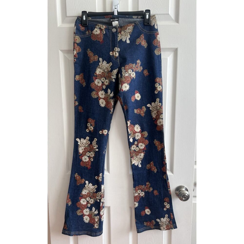 BLOOM USA Vintage 70s 80s Floral Print Low Rise Flare Dark Wash Stretch Jeans L